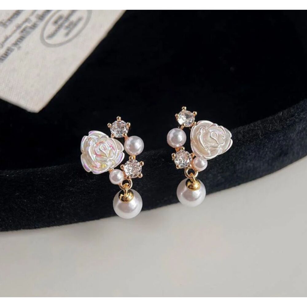 White Rose Flower Drop Faux Pearl Crystal Accent Earrings
